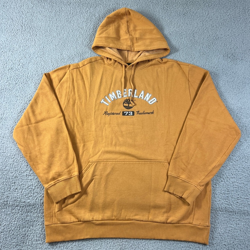Timberland Hoodie Men's L Mustard Yellow Graphic Logo Pullover Fleece Vintage‎
